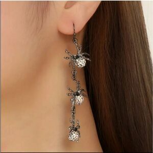 New TRIPLE SPIDER rhinestone ball dangle halloween earrings